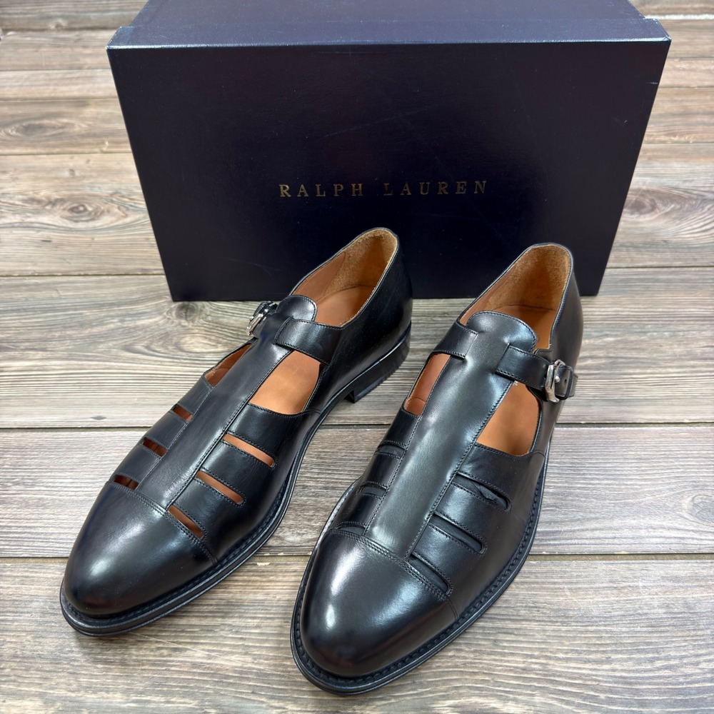 Ralph Lauren Mens 10.5 D Fisherman Sandals Black Burnished Baby Calf Italy NEW